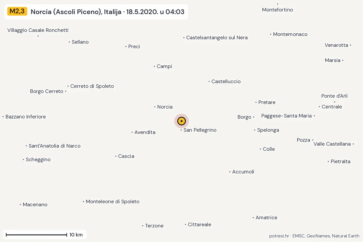 Karta: okolica epicentra, 60 km, potres M2,3, Norcia (Ascoli Piceno), Italija, 18.5.2020.