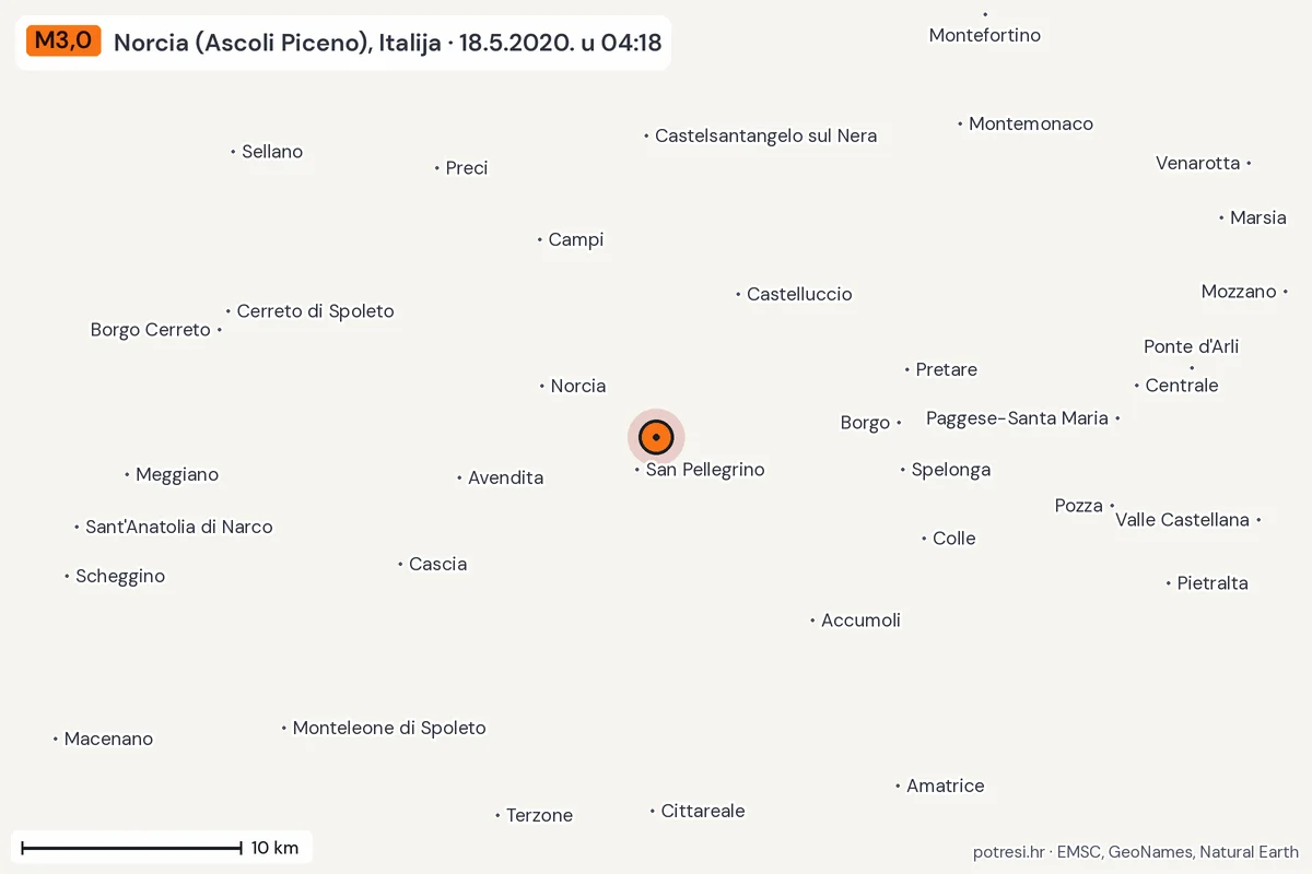 Karta: okolica epicentra, 60 km, potres M3,0, Norcia (Ascoli Piceno), Italija, 18.5.2020.