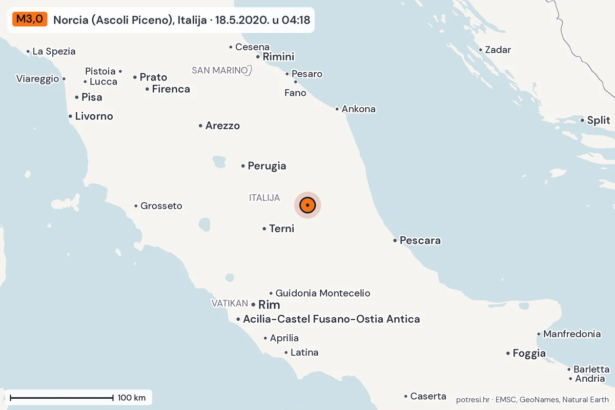 Karta: šire područje, 600 km, potres M3,0, Norcia (Ascoli Piceno), Italija, 18.5.2020.