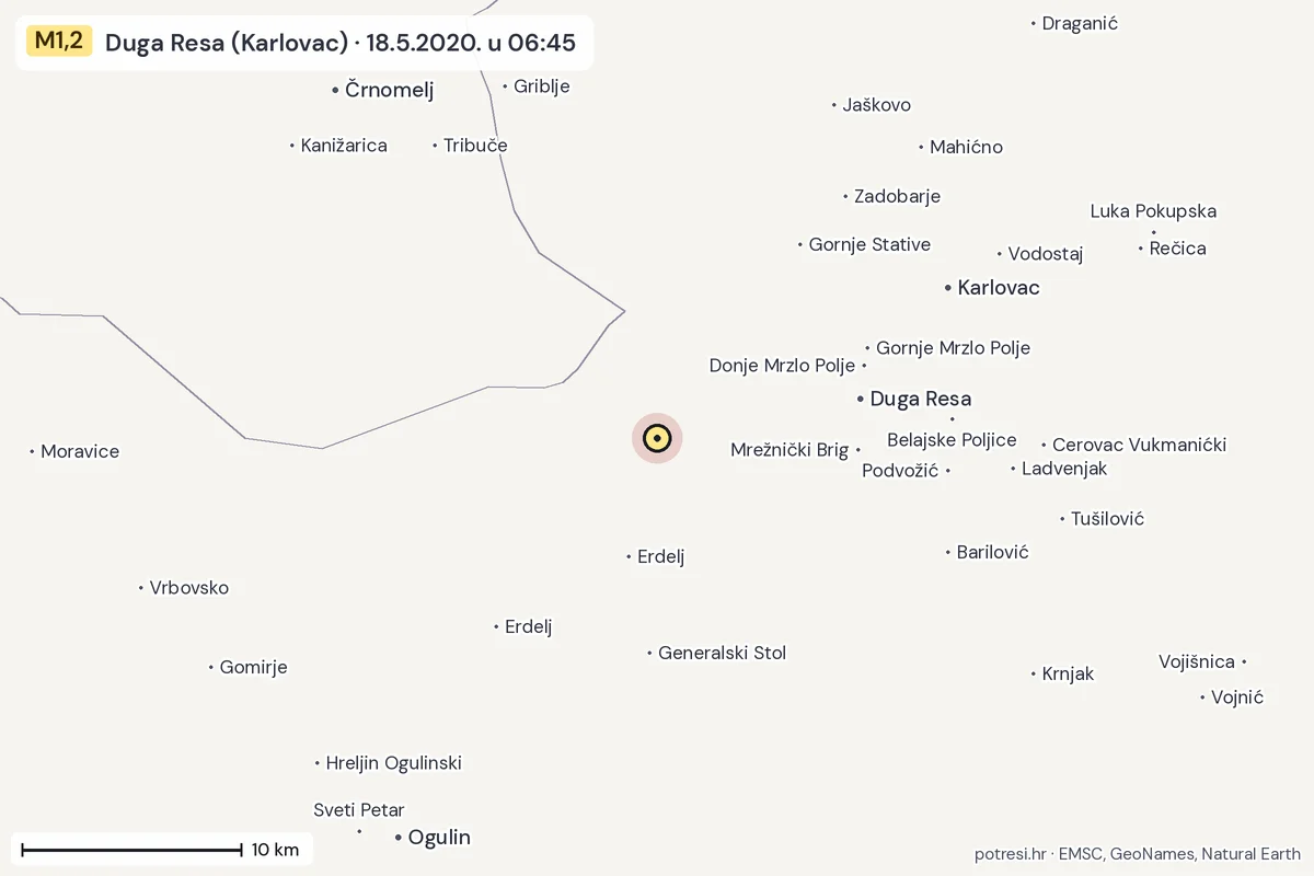 Karta: okolica epicentra, 60 km, potres M1,2, Duga Resa (Karlovac), 18.5.2020.