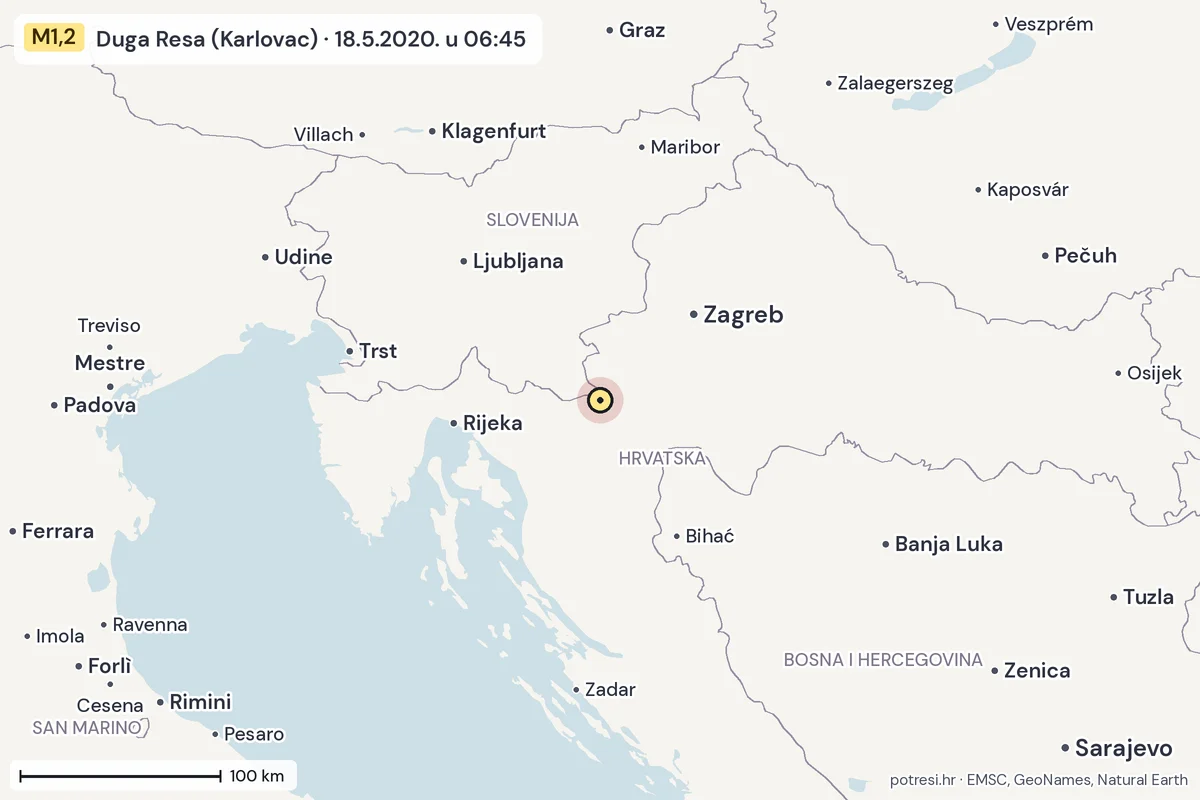 Karta: šire područje, 600 km, potres M1,2, Duga Resa (Karlovac), 18.5.2020.