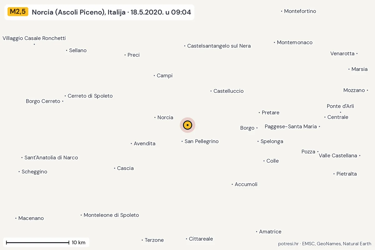 Karta: okolica epicentra, 60 km, potres M2,5, Norcia (Ascoli Piceno), Italija, 18.5.2020.
