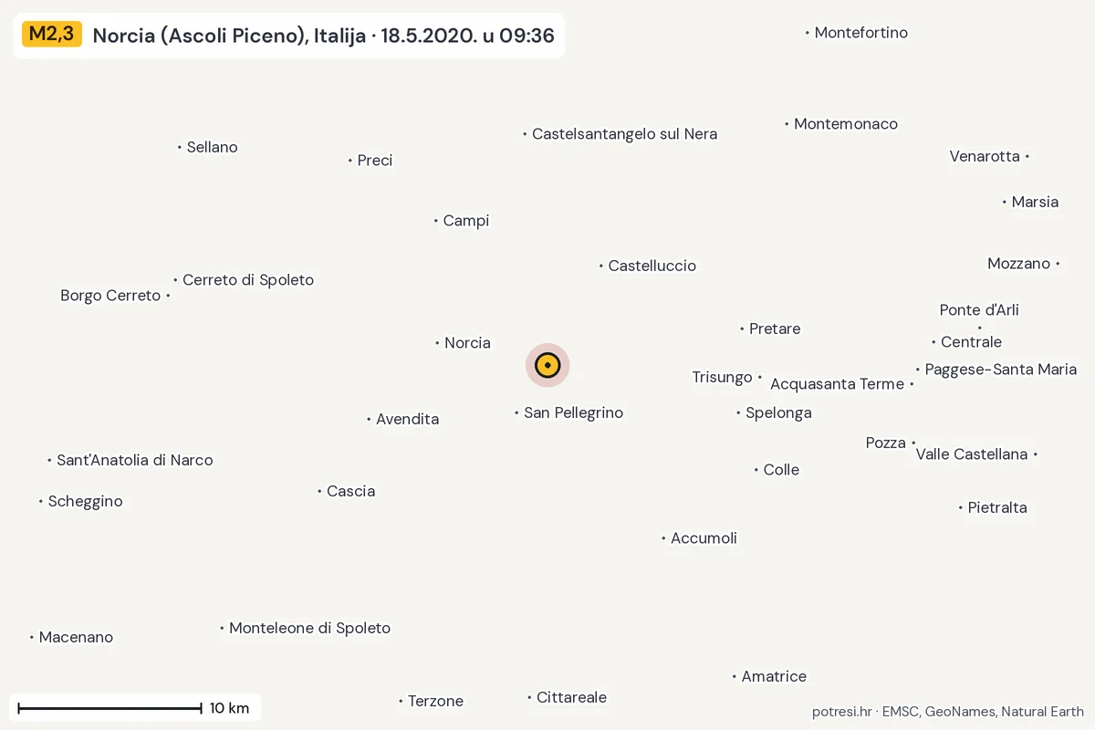 Karta: okolica epicentra, 60 km, potres M2,3, Norcia (Ascoli Piceno), Italija, 18.5.2020.