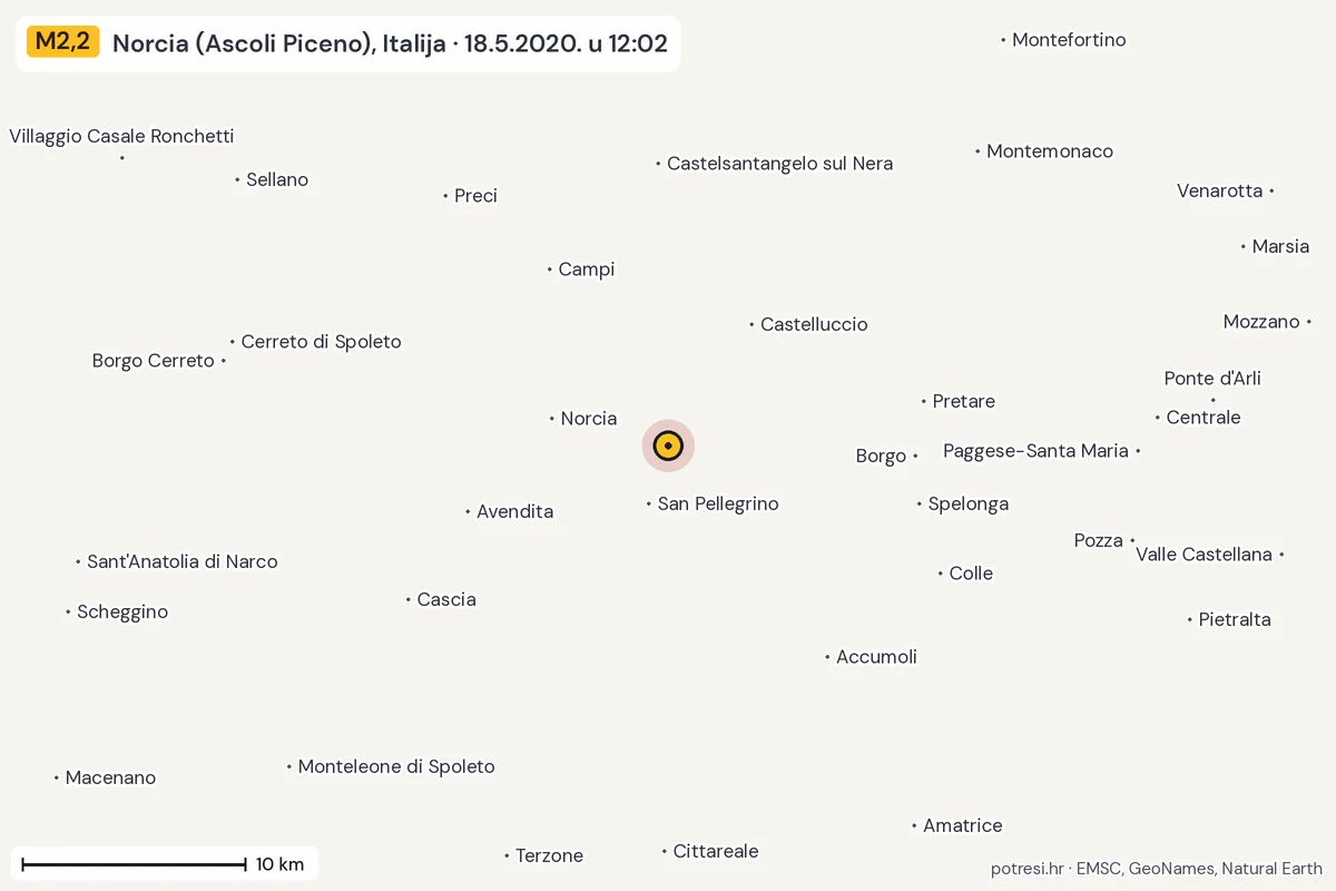 Karta: okolica epicentra, 60 km, potres M2,2, Norcia (Ascoli Piceno), Italija, 18.5.2020.