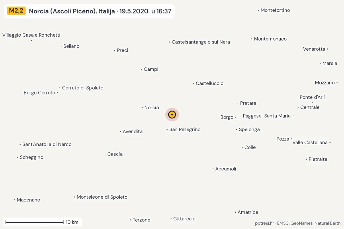 Karta: okolica epicentra, 60 km, potres M2,2, Norcia (Ascoli Piceno), Italija, 19.5.2020.