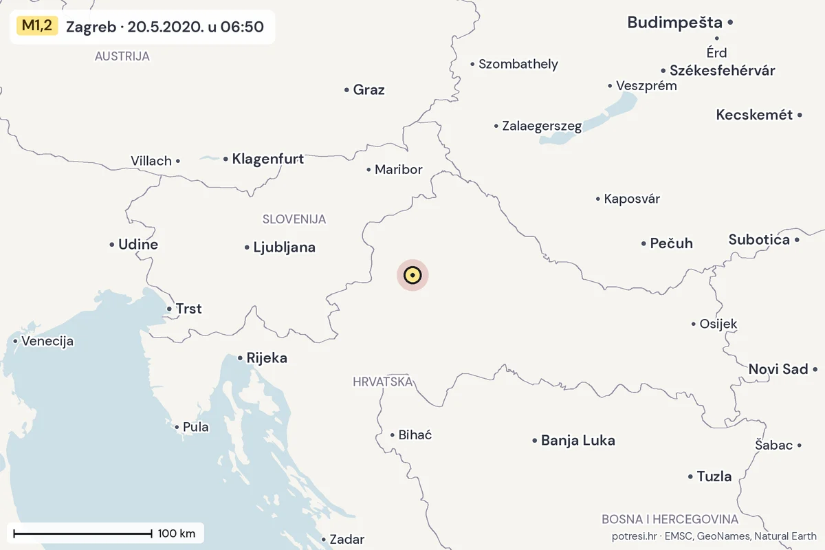 Karta: šire područje, 600 km, potres M1,2, Zagreb, 20.5.2020.