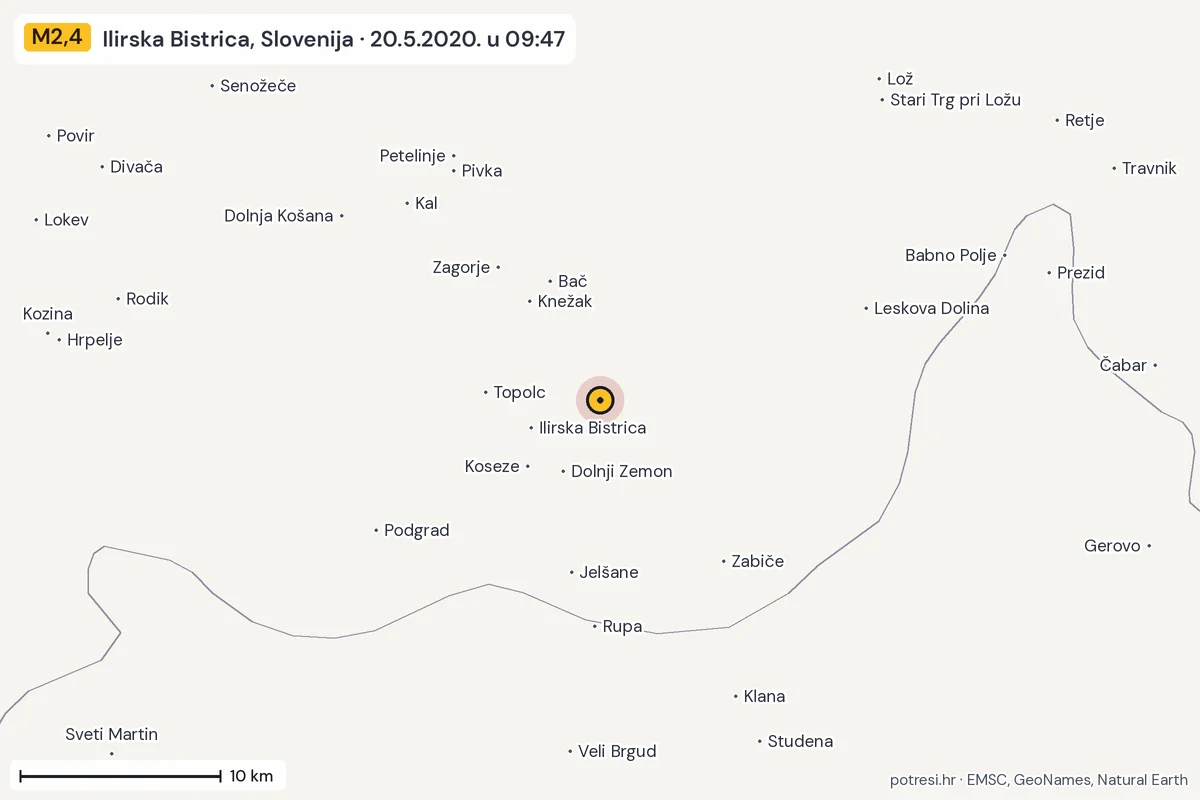 Karta: okolica epicentra, 60 km, potres M2,4, Ilirska Bistrica, Slovenija, 20.5.2020.