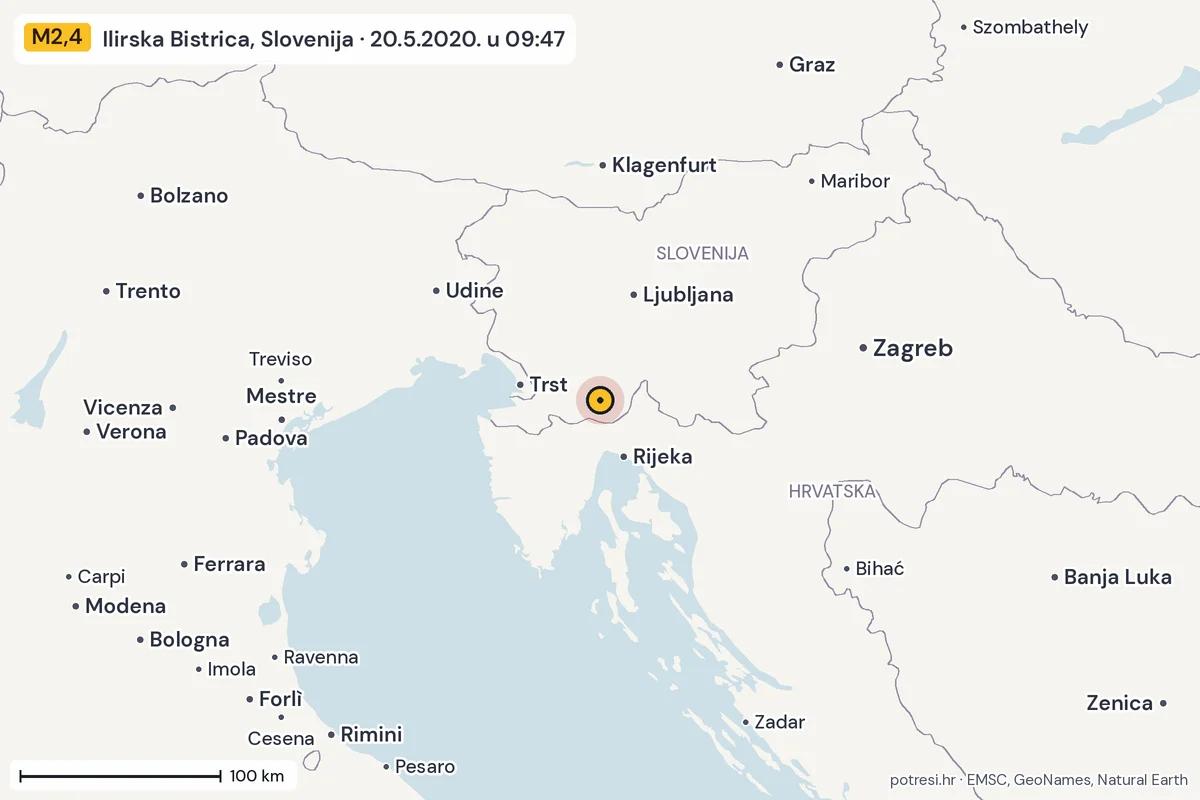 Karta: šire područje, 600 km, potres M2,4, Ilirska Bistrica, Slovenija, 20.5.2020.