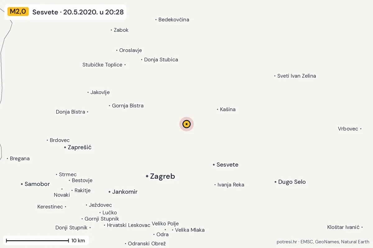 Karta: okolica epicentra, 60 km, potres M2,0, Sesvete, 20.5.2020.