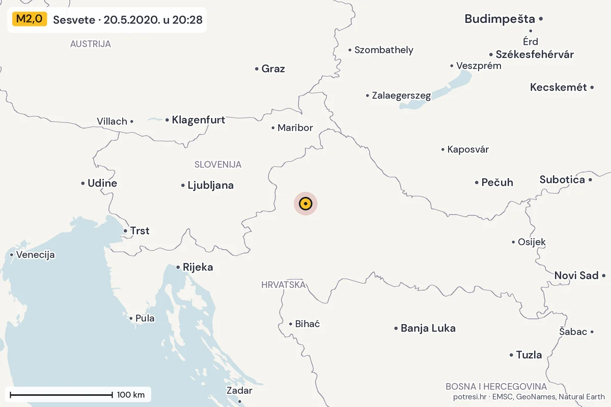 Karta: šire područje, 600 km, potres M2,0, Sesvete, 20.5.2020.