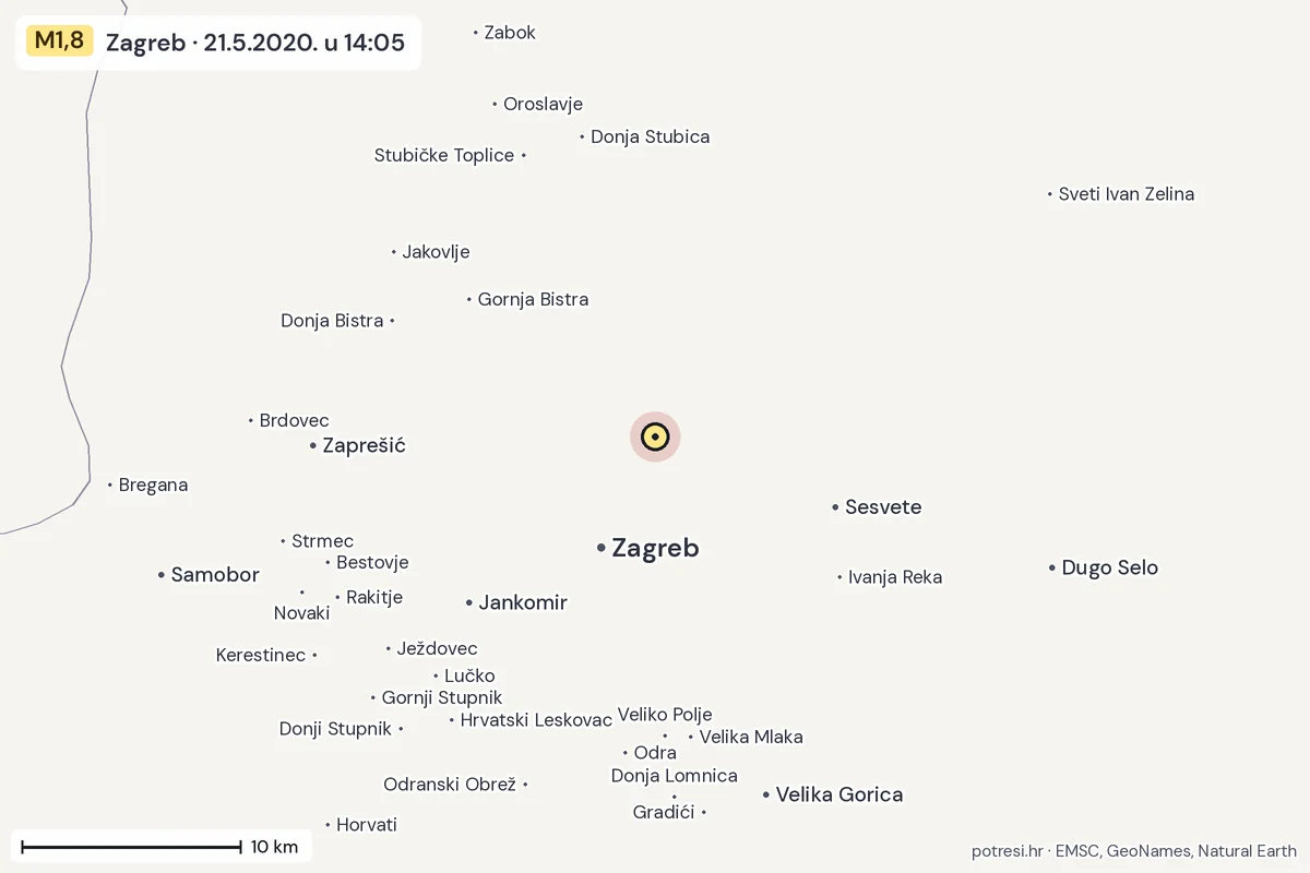 Karta: okolica epicentra, 60 km, potres M1,8, Zagreb, 21.5.2020.