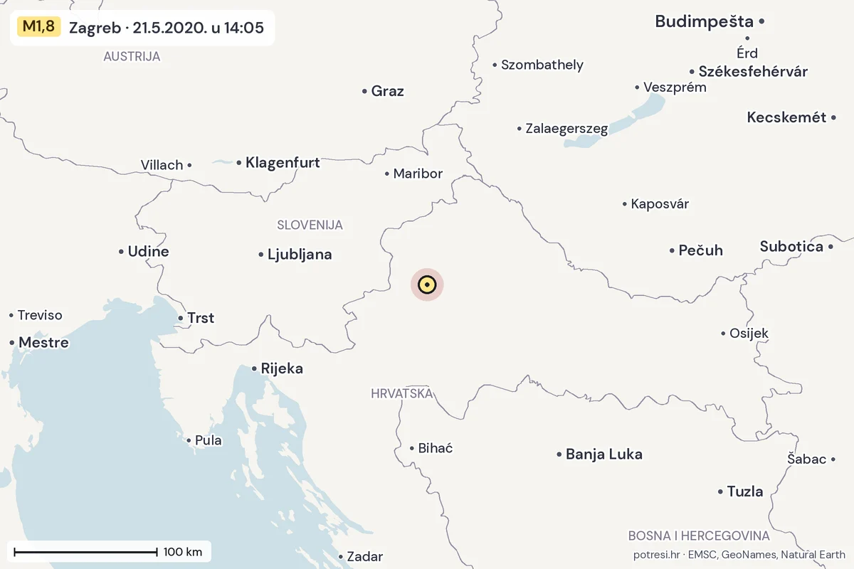 Karta: šire područje, 600 km, potres M1,8, Zagreb, 21.5.2020.