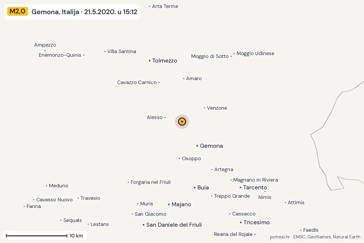 Karta: okolica epicentra, 60 km, potres M2,0, Gemona, Italija, 21.5.2020.