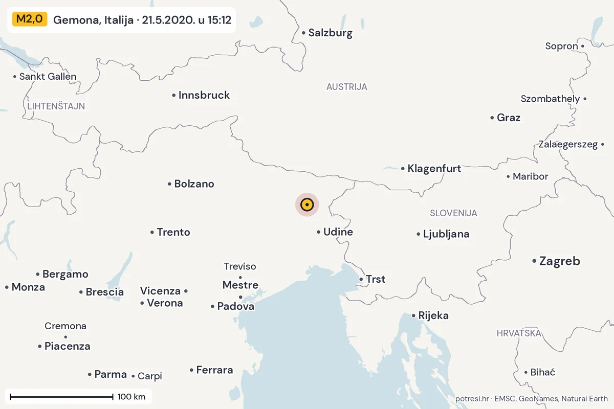 Karta: šire područje, 600 km, potres M2,0, Gemona, Italija, 21.5.2020.
