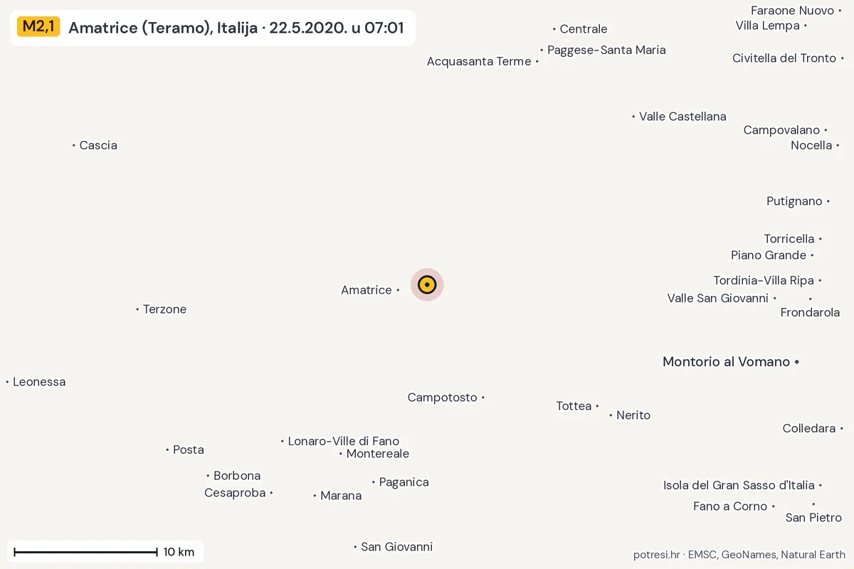 Karta: okolica epicentra, 60 km, potres M2,1, Amatrice (Teramo), Italija, 22.5.2020.