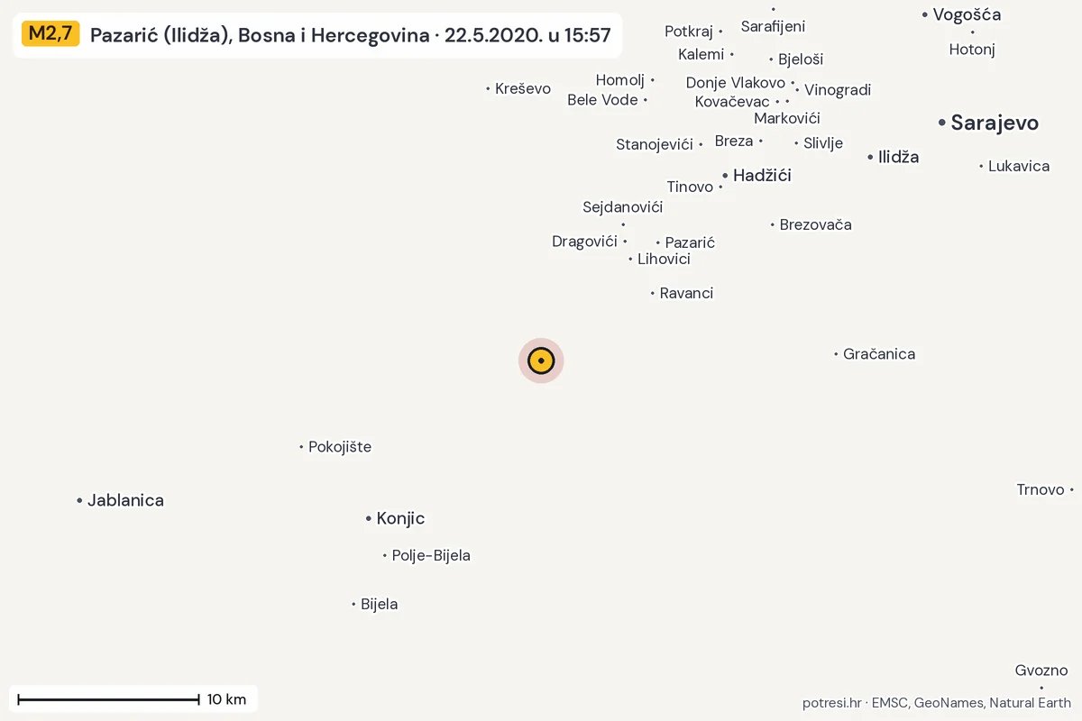 Karta: okolica epicentra, 60 km, potres M2,7, Pazarić (Ilidža), Bosna i Hercegovina, 22.5.2020.