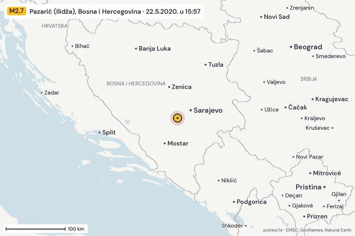 Karta: šire područje, 600 km, potres M2,7, Pazarić (Ilidža), Bosna i Hercegovina, 22.5.2020.