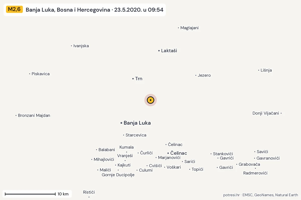 Karta: okolica epicentra, 60 km, potres M2,6, Banja Luka, Bosna i Hercegovina, 23.5.2020.