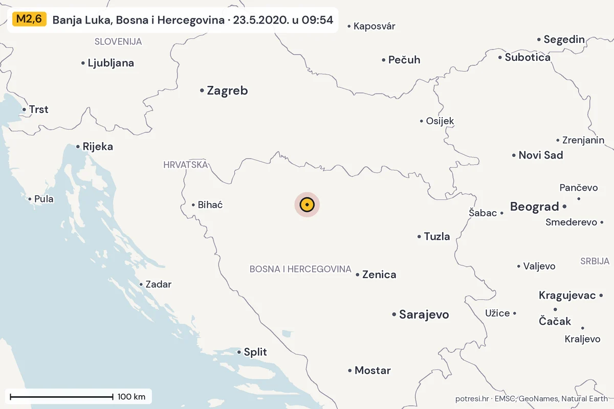 Karta: šire područje, 600 km, potres M2,6, Banja Luka, Bosna i Hercegovina, 23.5.2020.