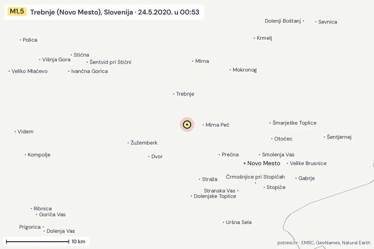 Karta: okolica epicentra, 60 km, potres M1,5, Trebnje (Novo Mesto), Slovenija, 24.5.2020.