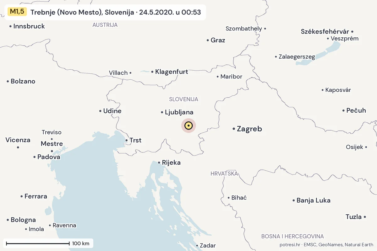 Karta: šire područje, 600 km, potres M1,5, Trebnje (Novo Mesto), Slovenija, 24.5.2020.