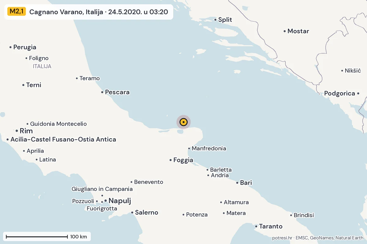 Karta: šire područje, 600 km, potres M2,1, Cagnano Varano, Italija, 24.5.2020.
