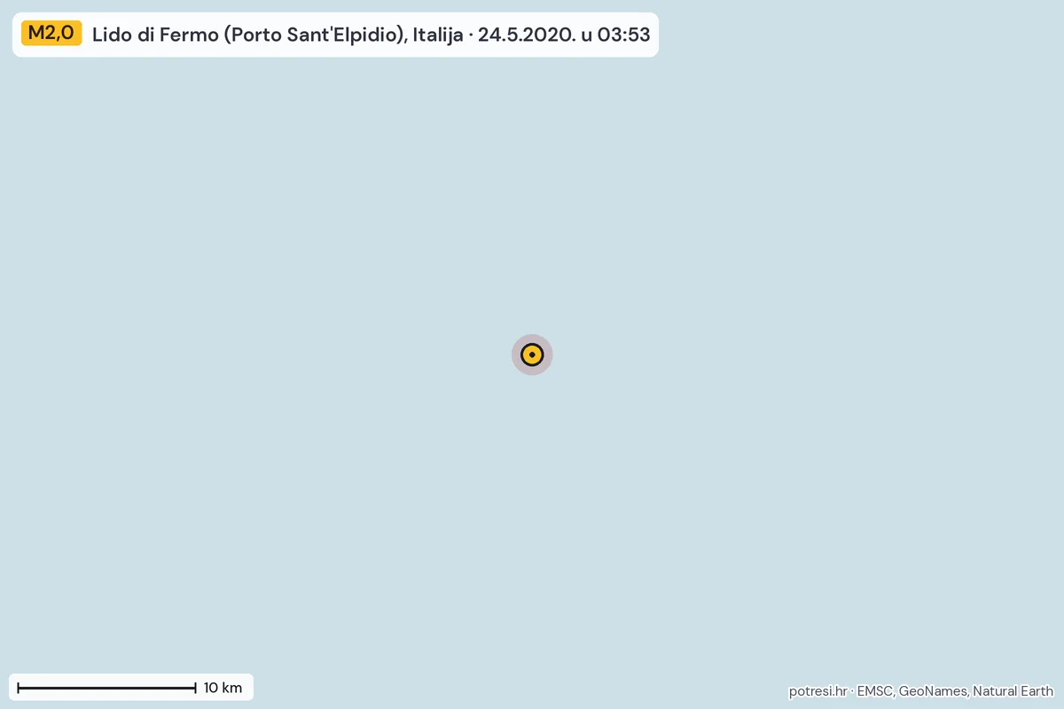 Karta: okolica epicentra, 60 km, potres M2,0, Lido di Fermo (Porto Sant'Elpidio), Italija, 24.5.2020.