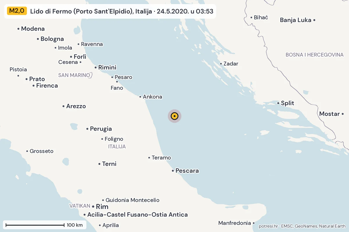 Karta: šire područje, 600 km, potres M2,0, Lido di Fermo (Porto Sant'Elpidio), Italija, 24.5.2020.