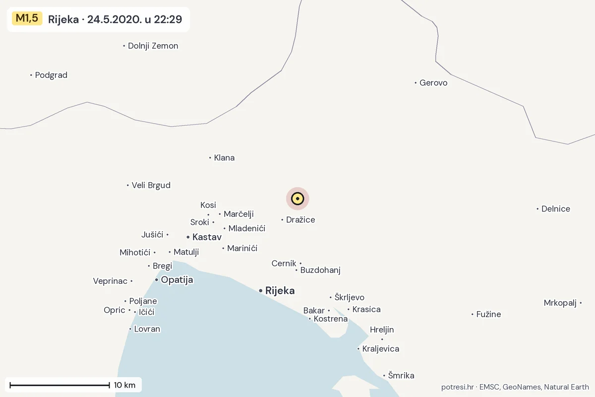 Karta: okolica epicentra, 60 km, potres M1,5, Rijeka, 24.5.2020.