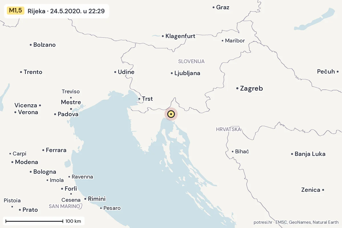 Karta: šire područje, 600 km, potres M1,5, Rijeka, 24.5.2020.