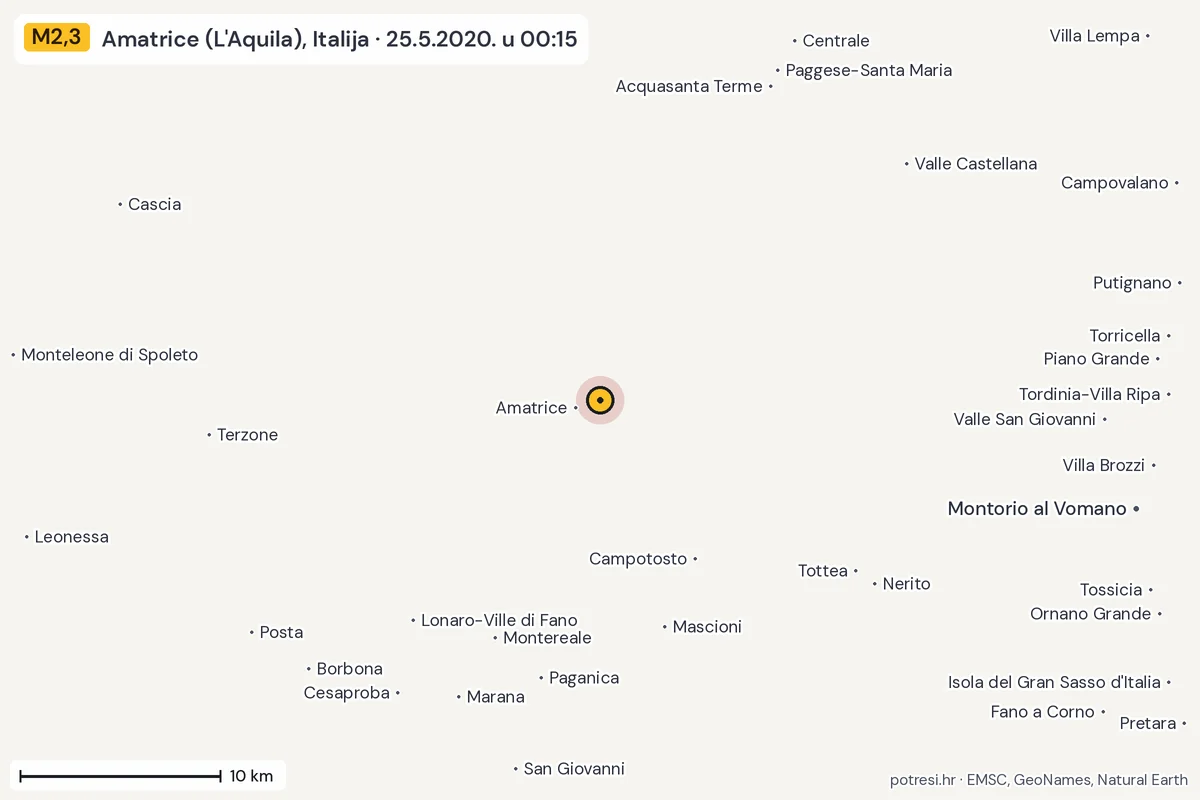 Karta: okolica epicentra, 60 km, potres M2,3, Amatrice (L'Aquila), Italija, 25.5.2020.