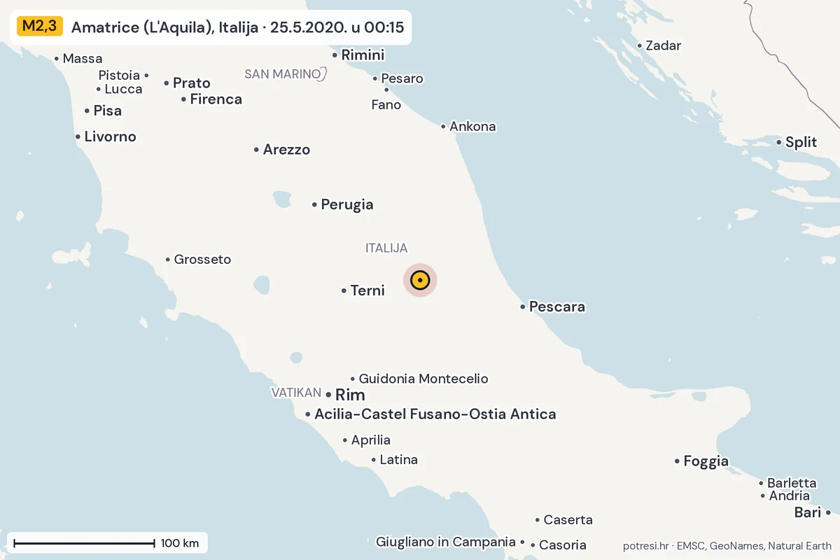 Karta: šire područje, 600 km, potres M2,3, Amatrice (L'Aquila), Italija, 25.5.2020.