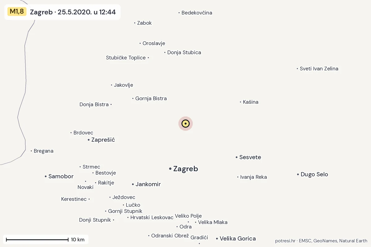 Karta: okolica epicentra, 60 km, potres M1,8, Zagreb, 25.5.2020.