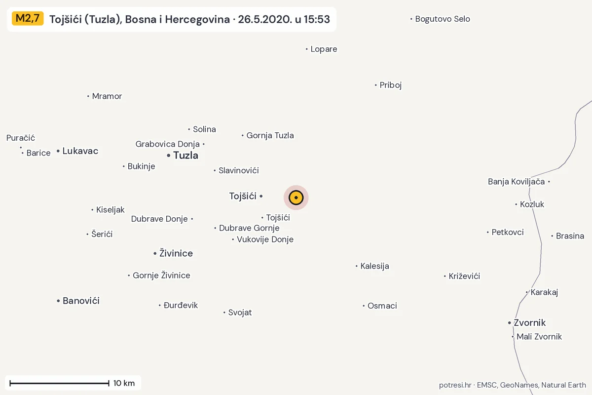 Karta: okolica epicentra, 60 km, potres M2,7, Tojšići (Tuzla), Bosna i Hercegovina, 26.5.2020.