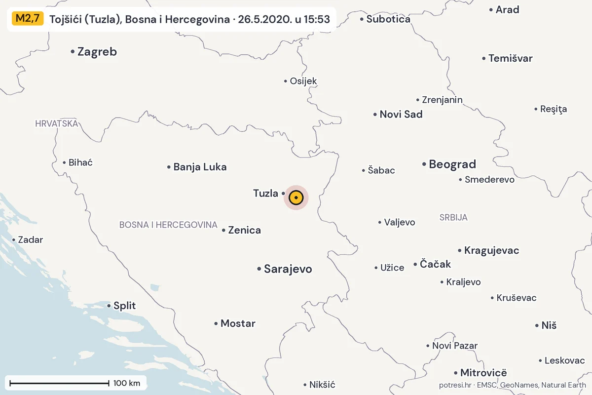 Karta: šire područje, 600 km, potres M2,7, Tojšići (Tuzla), Bosna i Hercegovina, 26.5.2020.