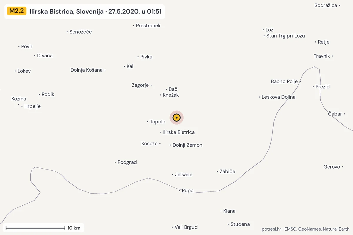 Karta: okolica epicentra, 60 km, potres M2,2, Ilirska Bistrica, Slovenija, 27.5.2020.