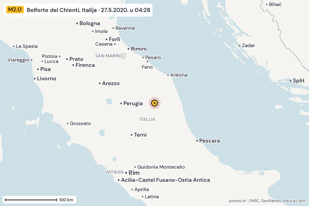 Karta: šire područje, 600 km, potres M2,0, Belforte del Chienti, Italija, 27.5.2020.