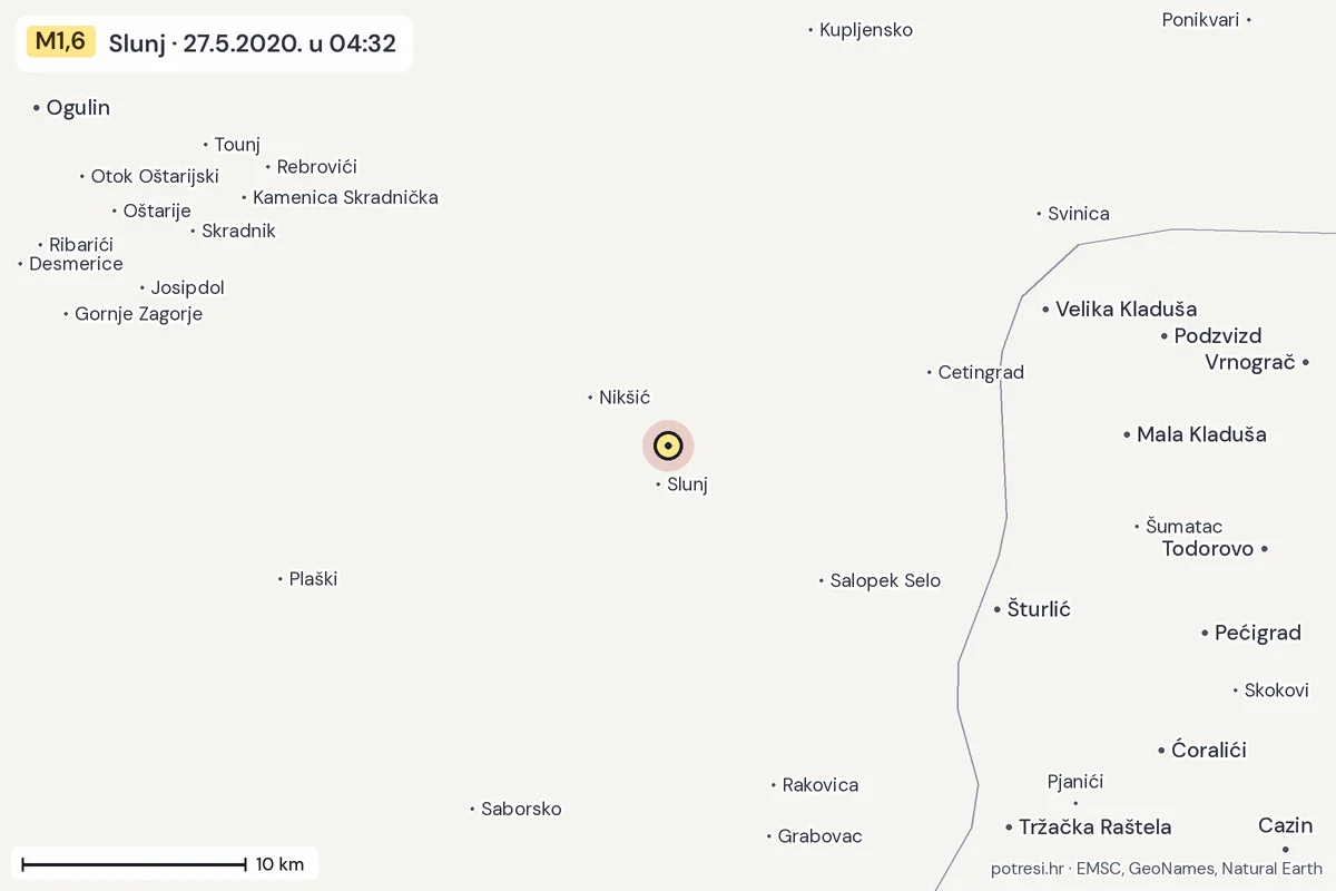 Karta: okolica epicentra, 60 km, potres M1,6, Slunj, 27.5.2020.
