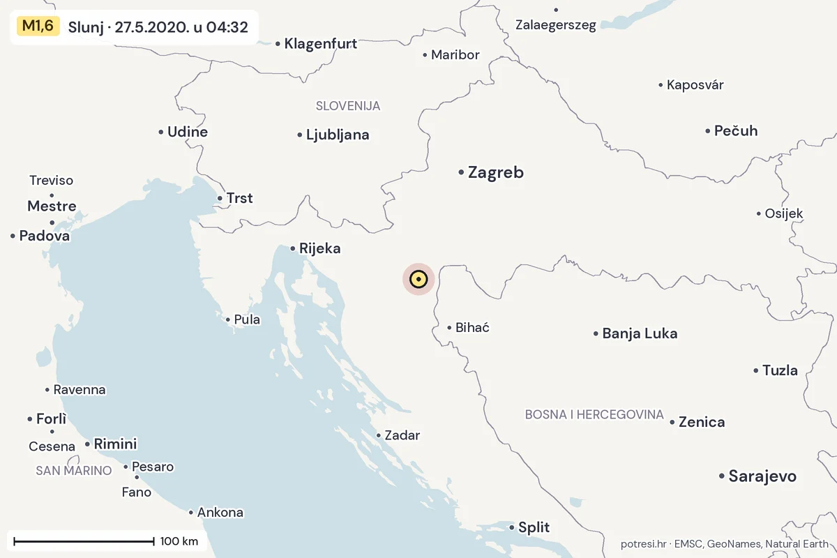 Karta: šire područje, 600 km, potres M1,6, Slunj, 27.5.2020.