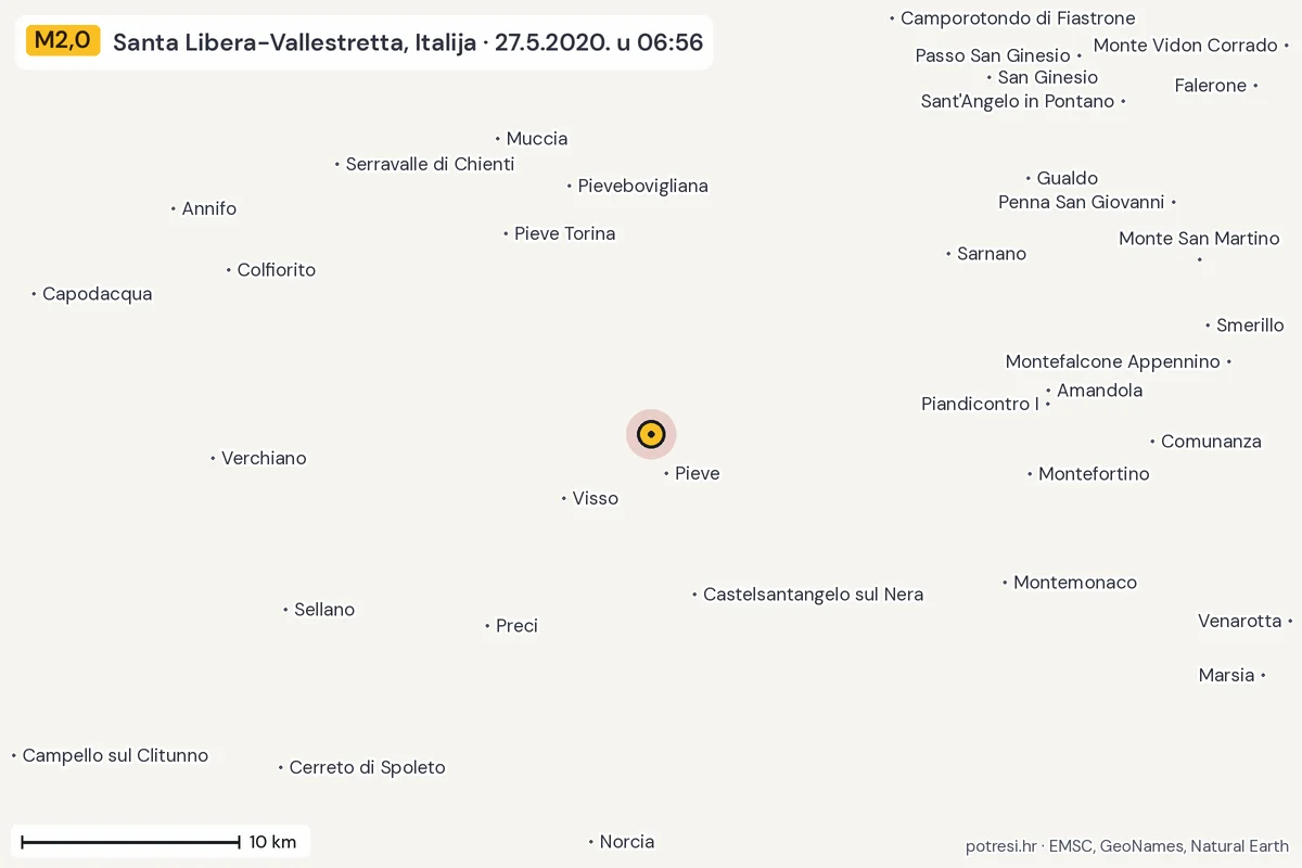 Karta: okolica epicentra, 60 km, potres M2,0, Santa Libera-Vallestretta, Italija, 27.5.2020.