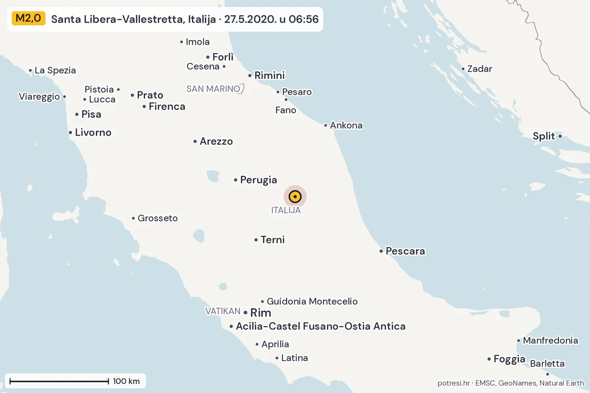 Karta: šire područje, 600 km, potres M2,0, Santa Libera-Vallestretta, Italija, 27.5.2020.