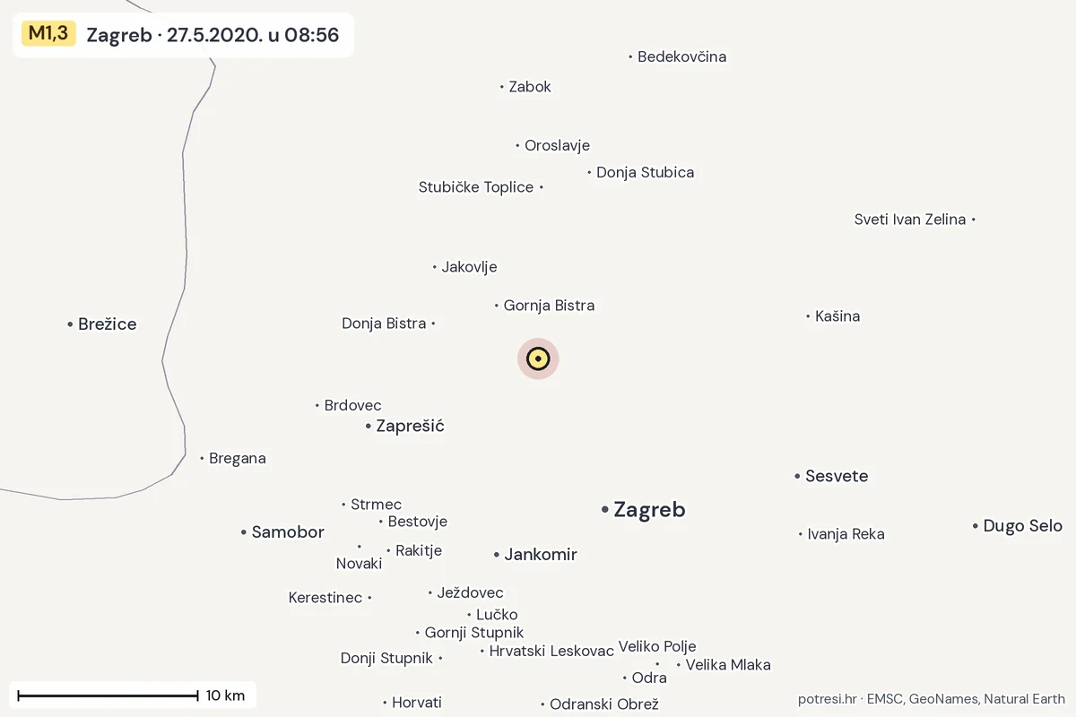 Karta: okolica epicentra, 60 km, potres M1,3, Zagreb, 27.5.2020.
