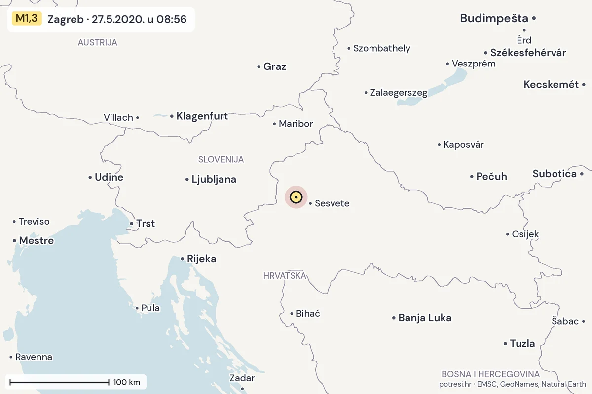 Karta: šire područje, 600 km, potres M1,3, Zagreb, 27.5.2020.