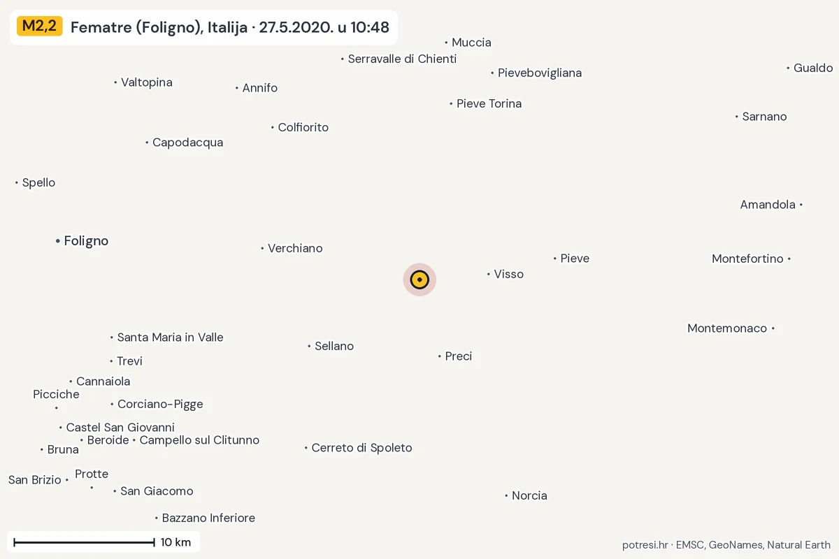 Karta: okolica epicentra, 60 km, potres M2,2, Fematre (Foligno), Italija, 27.5.2020.
