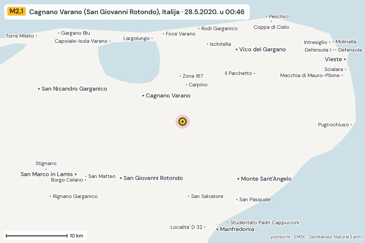 Karta: okolica epicentra, 60 km, potres M2,1, Cagnano Varano (San Giovanni Rotondo), Italija, 28.5.2020.