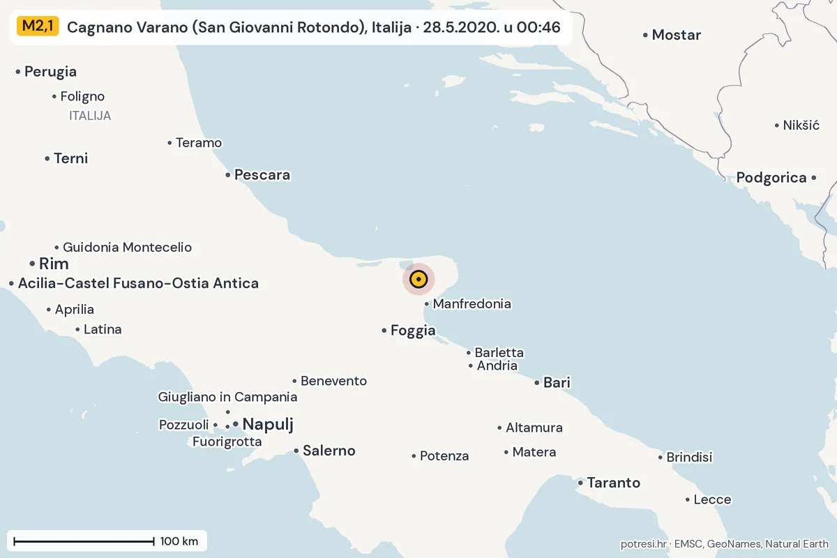 Karta: šire područje, 600 km, potres M2,1, Cagnano Varano (San Giovanni Rotondo), Italija, 28.5.2020.