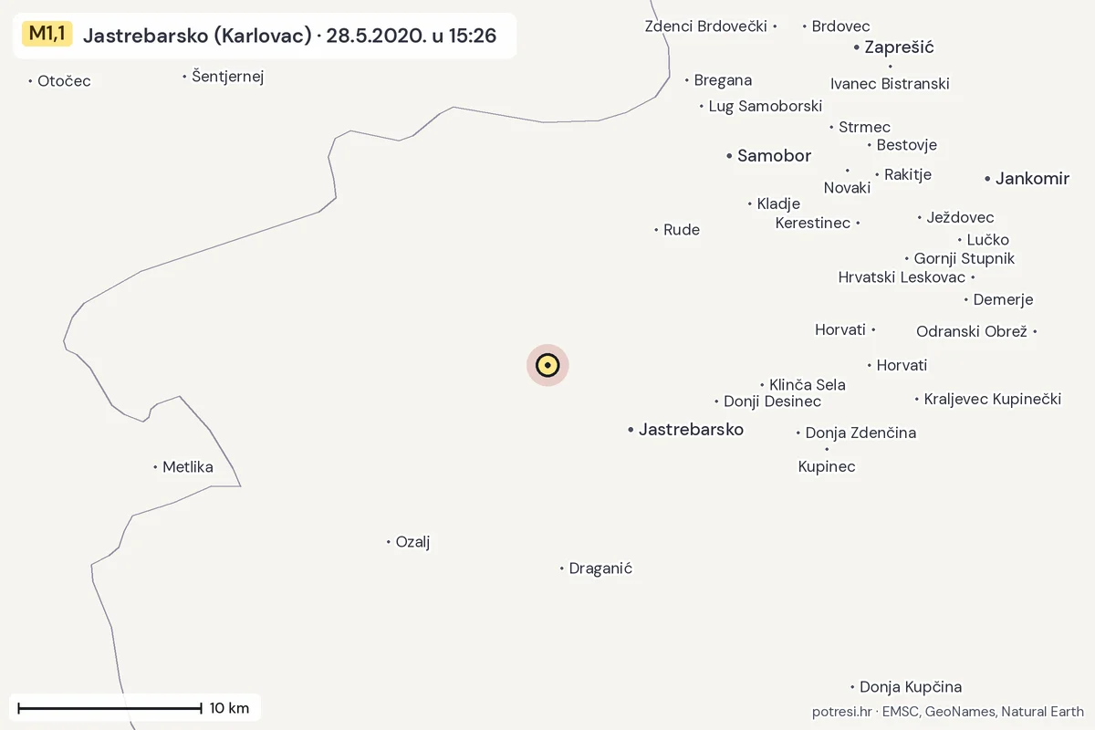 Karta: okolica epicentra, 60 km, potres M1,1, Jastrebarsko (Karlovac), 28.5.2020.