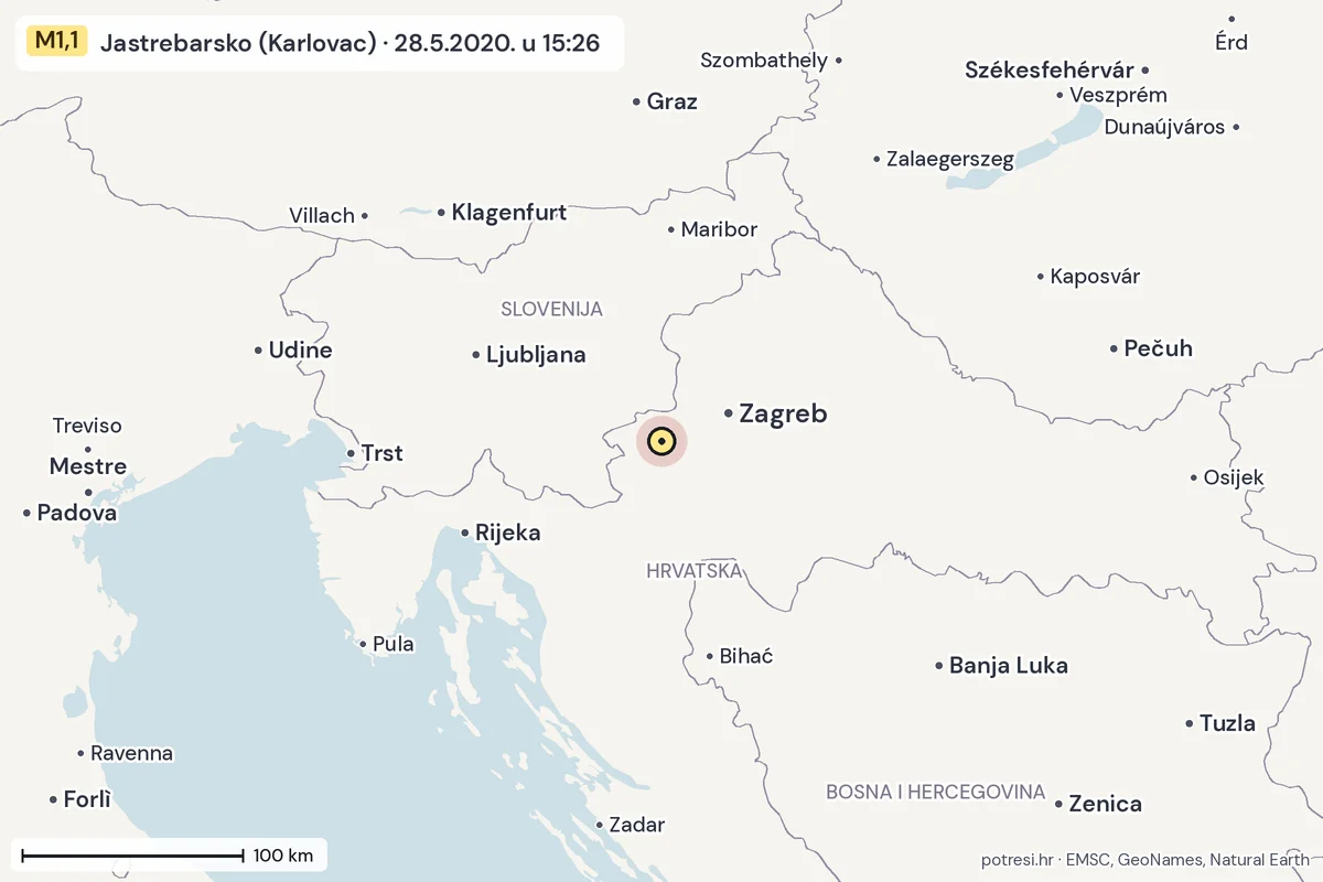 Karta: šire područje, 600 km, potres M1,1, Jastrebarsko (Karlovac), 28.5.2020.