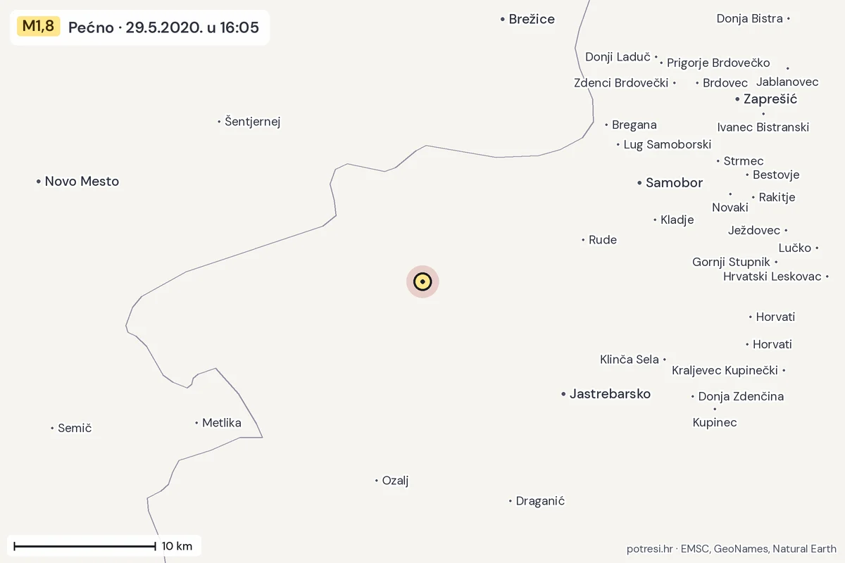 Karta: okolica epicentra, 60 km, potres M1,8, Pećno, 29.5.2020.