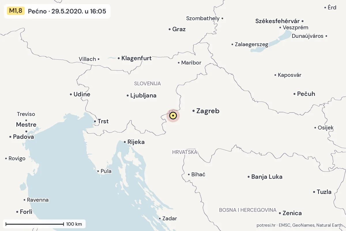 Karta: šire područje, 600 km, potres M1,8, Pećno, 29.5.2020.